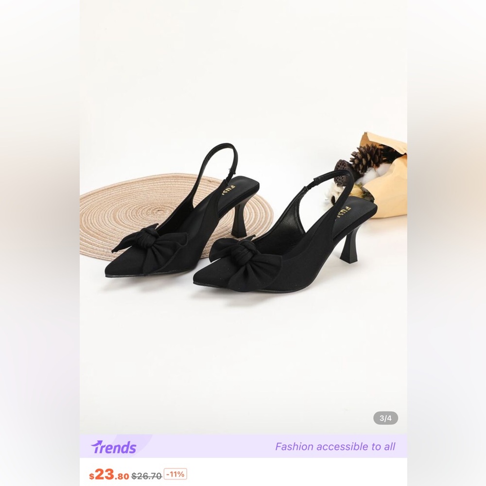 SHEIN Black Slingback Heels with Bow Accent - Picture 2 of 5
